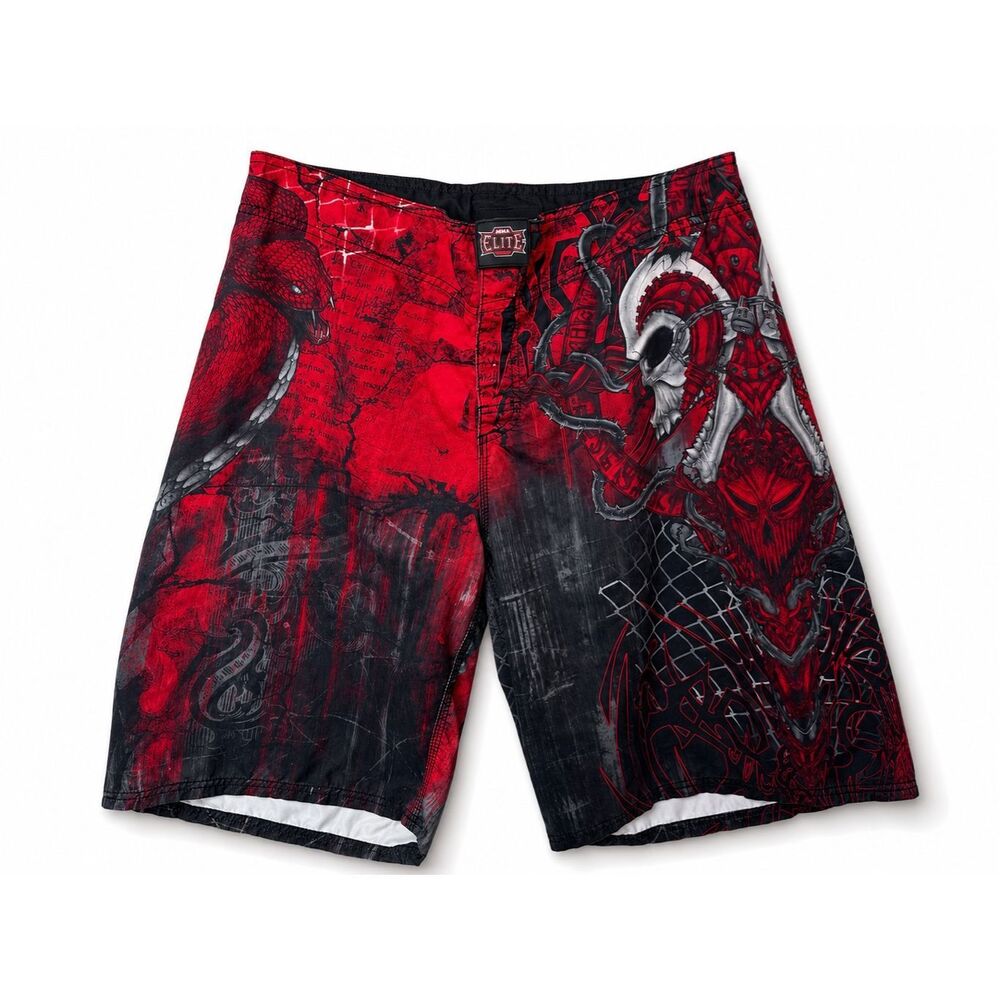 MMA Elite Red Black Skull Snake Fight Shorts Men’s L MMA UFC Graphic